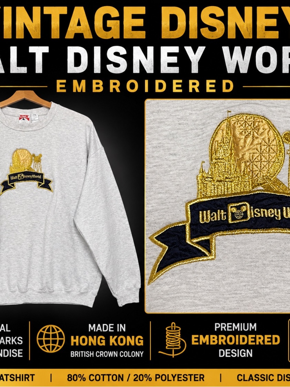 Vintage Disney Embroidered Crewneck Sweater - Gray
